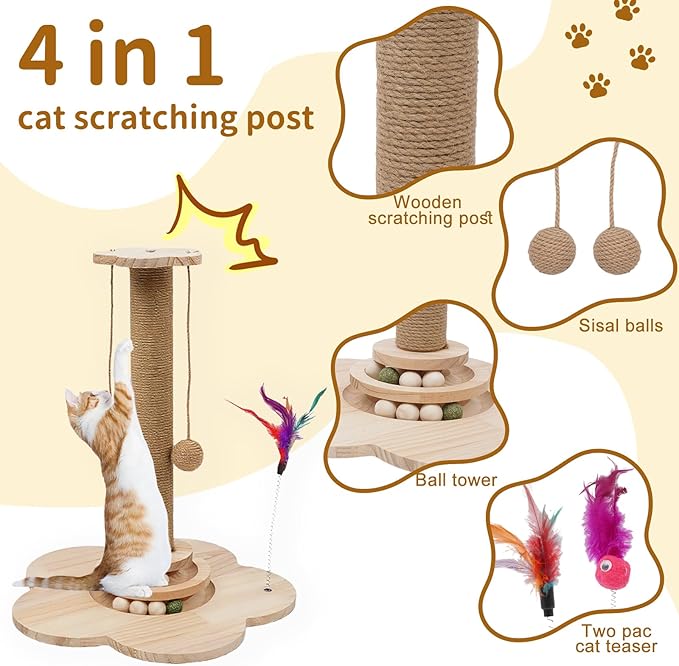 4-in-1 Wooden Cat Scratcher Toy,Cat Scratching Post&2-Level Track Tower With 8 Balls&2 Sisal Ball&2 Cat Wand Toy,Indoor Cat Activity Center For Cats Of All Ages And Body Types (11.8"L x 11.8"W x 19"H)