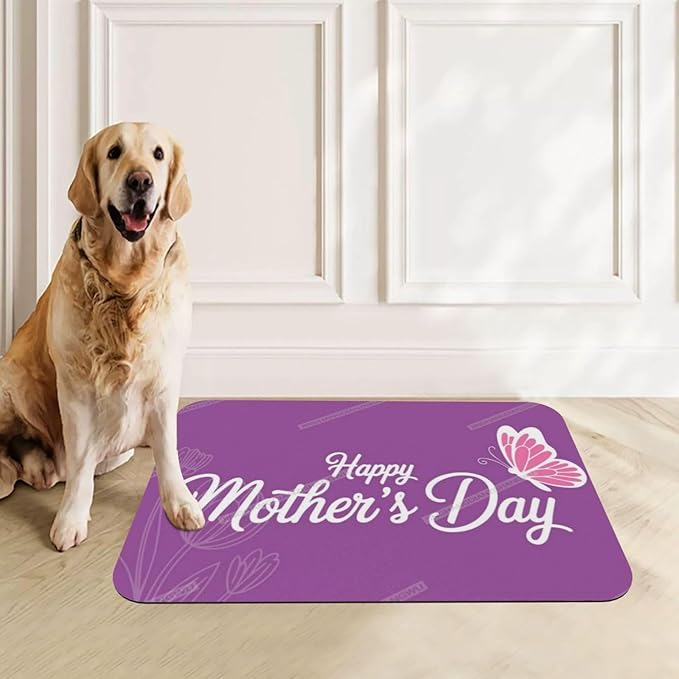Non Slip Mat for Dog Pet Cat Dog Food Mats Purple Happy Mother's Day Floral Gift for Mom Ch Water Bowl Mat Quick Dry Absorbent Cat Feeding Mats 24x16In