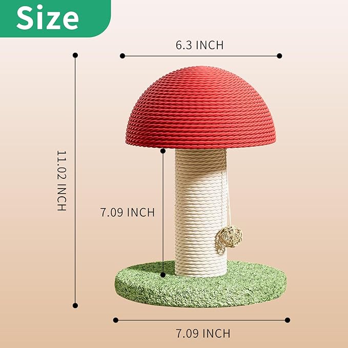 Cat Scratching Post & Cat Tree 6.3×7.1×11 in, Mushroom Shaped Small Cat Tower with Natural Sisal Rope, Durable Cat Scratcher & Cat Toy for Indoor Cats & Kittens