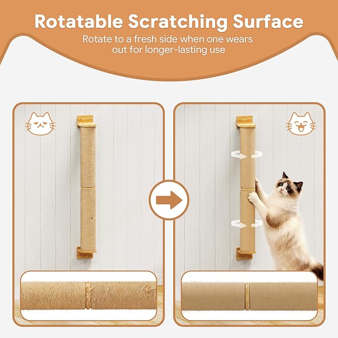 Cat Wall Scratcher Post- 35" Thicker Columns Wall Mounted Rubber Wood Sisal Scratching Post Furniture for Large Cats and Kittens