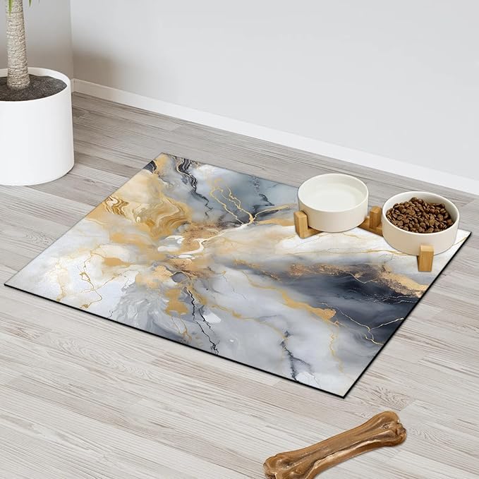 Grey Marble Dog Food Mat for Floors Absorbent, Quick Dry Water Dispenser Mat for Food, Water, Pet Supplies 17" x 30", Gold Abstract