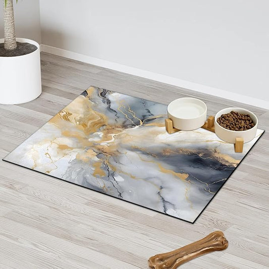 Grey Marble Dog Food Mat for Floors Absorbent, Quick Dry Water Dispenser Mat for Food, Water, Pet Supplies 17" x 30", Gold Abstract
