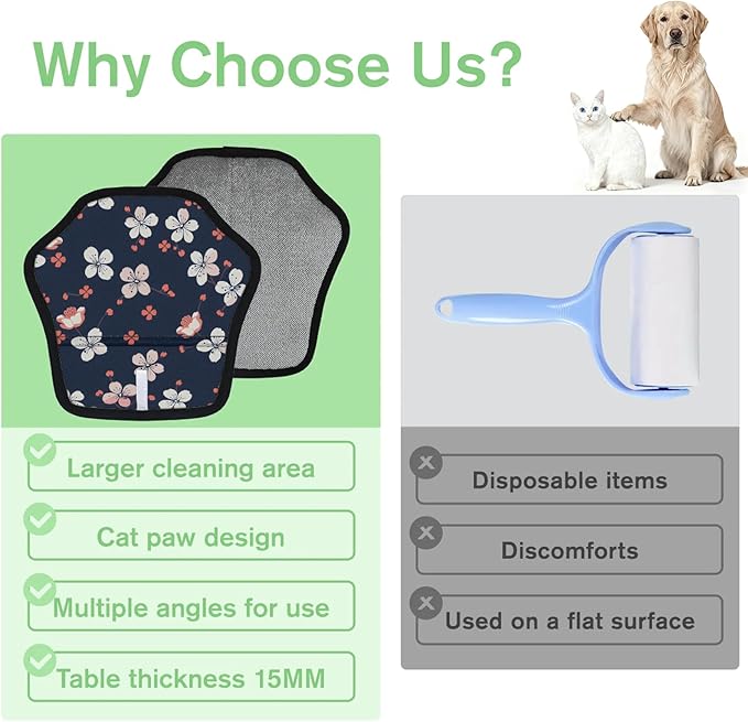 Flowers Printed Electrostatic Pet Hair Removal Glove for Cats & Dogs - Reusable Grooming Mitt for Couch, Carpet, Car Seat & Laundry - Large 9x9 Inch