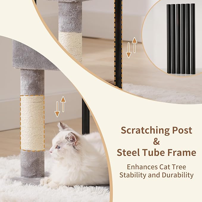 Heybly Cat Tree, 49.2 Inches Cat Tower for Indoor Cats, Spacious Cat House Condo with Hidden Space，Sturdy Steel Tube，Soft Plush Top Perch，Cozy Hammock and Sisal Scratching Posts, Light Gray HCT200SW