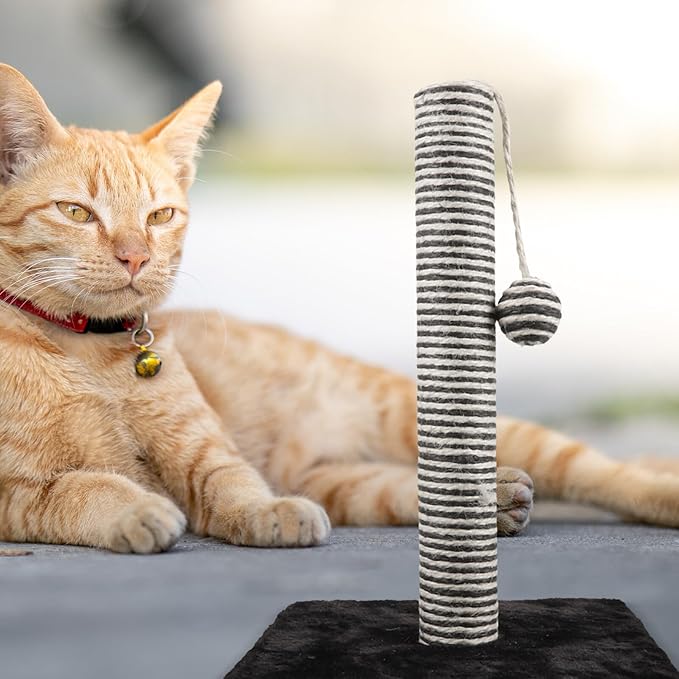 POPETPOP Cat Scratching Post with Hanging Ball, Jute Rope Floor Scratching Pole, Wear-Resistant Vertical Scratcher for Indoor Cats and Kittens