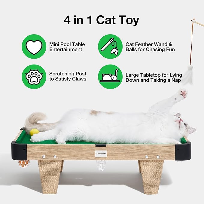 VETRESKA 4 in 1 Cat Toys Mini Pool Table, Gift for Cats, Feather Wand Toy Cat Billiard Ball Puzzle Toy, Pool Table with Scratching Post, Cat Interactive Exercise Play Rest Beds & Furniture