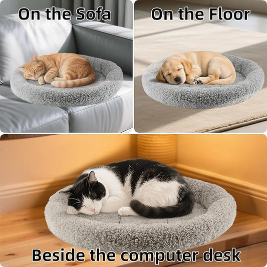 PETLESO Cat Bed Mat 19.5" Round Pad with Pillow Around, Warm Plush Cushion for Small to Medium Dogs Cats Sleep/Nap, Neck Protection Mattress, Non-Slip Washable, Large
