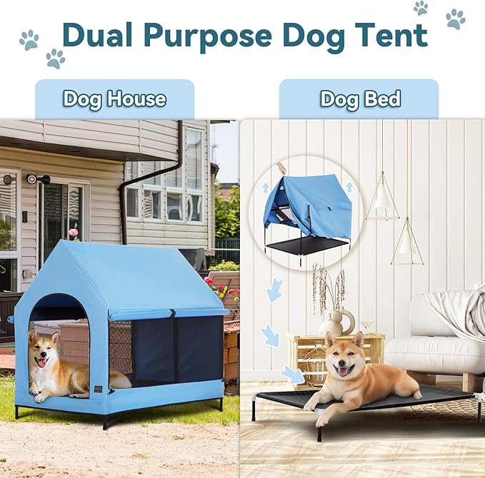 PETSFIT Dog House Outdoor, Upgraded Dog Shelter with Weatherproof PVC Canopy, Breathable Mesh Windows and Sunshades, Elevated Dog Bed with Protable Carring Case (Blue)