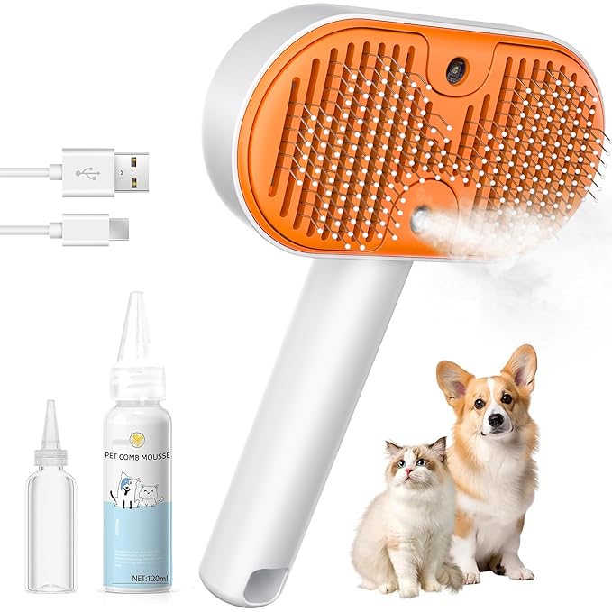 Cat Steam Brush with Waterless Shampoo, 3-in-1 Pet Steam Brush for Dog, Self Cleaning Pet Spray Hair Removal Comb for Long Haired Pets, Cool Mist Only
