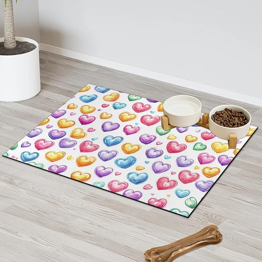 Valentine’s Day Dog Food Mat for Floors Absorbent, Quick Dry Water Dispenser Mat for Food, Water, Pet Supplies 24" x 32", Colorful Love Heart