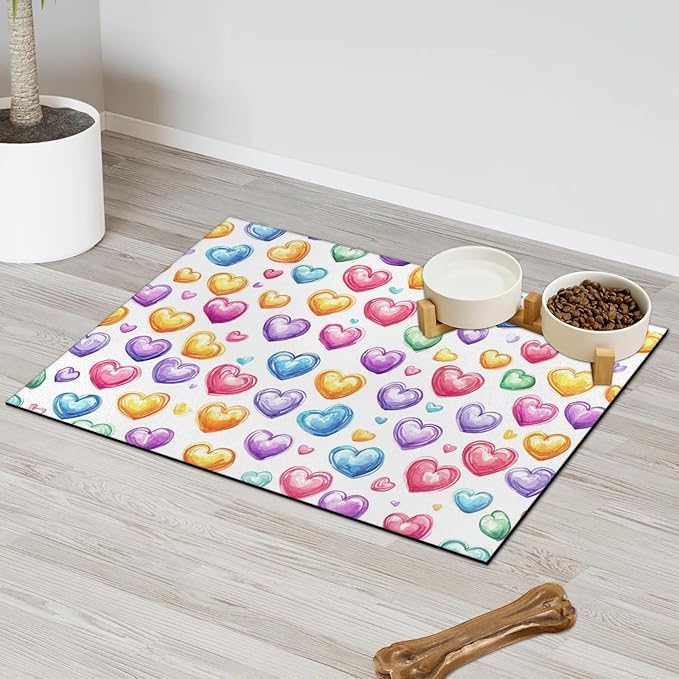 Valentine’s Day Dog Food Mat for Floors Absorbent, Quick Dry Water Dispenser Mat for Food, Water, Pet Supplies 17" x 30", Colorful Love Heart