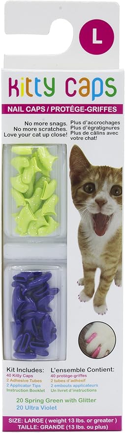 Kitty Caps Nail Caps for Cats | Spring Green with Glitter & Ultra Violet, 40 Count, Large - 3 Pack | Safe, Stylish & Humane Alternative to Declawing | Stops Snags and Scratches