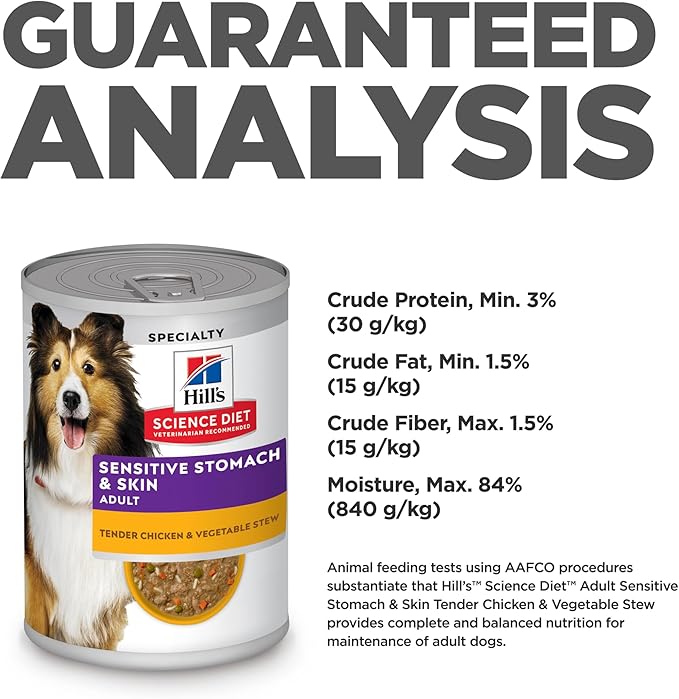 Hill's Science Diet Sensitive Stomach & Skin, Adult 1-6, Stomach & Skin Sensitivity Support, Wet Dog Food, Chicken & Barley Stew, 12.5 oz Can, Case of 12
