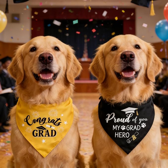 2 Pack Cozy Graduation Dog Bandanas Triangle Double-Layer with Double-Sided Print Dog Scarf Washable Pet Bandana for Small Medium Large Dogs Bandana for Dogs Graduation Outfit Decor Supplies