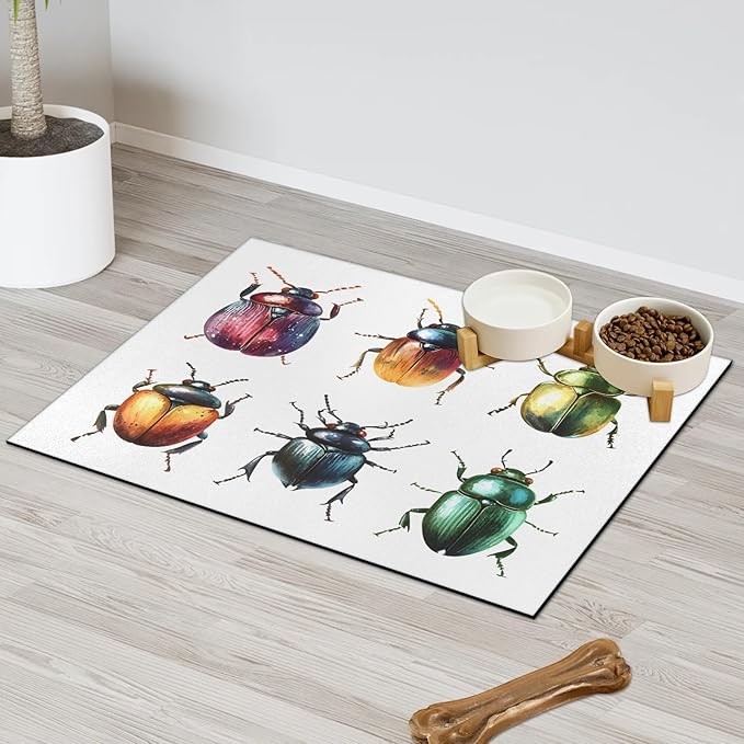 Vintage Ladybirds Dog Food Mat for Floors Absorbent, Quick Dry Water Dispenser Mat for Food, Water, Pet Supplies 16" x 24", Colorful Animal