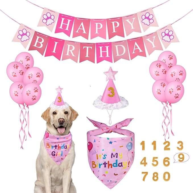Dog Birthday Party Supplies, Dog Birthday Bandana Set, Dog Boy Girl Birthday Party Hat with Numbers,Flag, Balloon for Large Medium Small Dogs Pet (Pink)