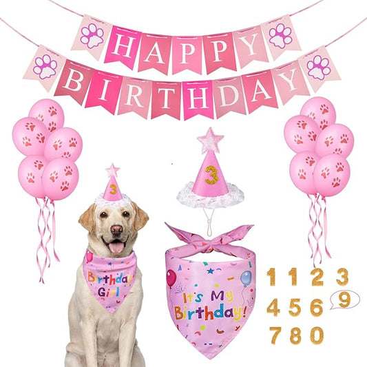 Dog Birthday Party Supplies, Dog Birthday Bandana Set, Dog Boy Girl Birthday Party Hat with Numbers,Flag, Balloon for Large Medium Small Dogs Pet (Pink)
