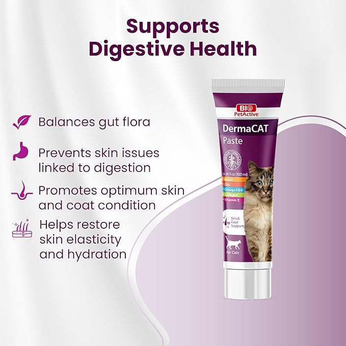 Bio PetActive DermaCAT Skin & Coat Health Supplement Paste for Cats with Biotin, Flaxseed Oil Omega-3, Collagen, Zinc, Prebiotic MOS & Vitamin E – Supports Shiny Coat, Minimize Shedding – 3.38 oz