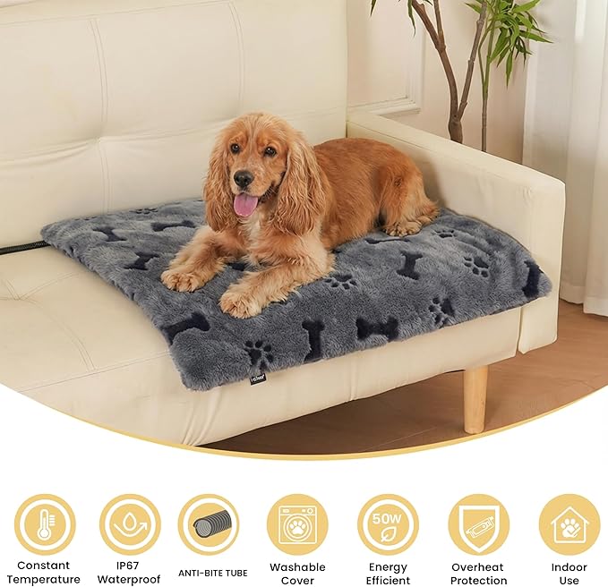 Pet Heating Pad for Cats Dogs Indoor & Sheltered Outdoor Waterproof Heated Cat Bed Heated Dog Bed Chew Resistant Cord Constant Temperature Gray Paw Print 26 x 20 Inch
