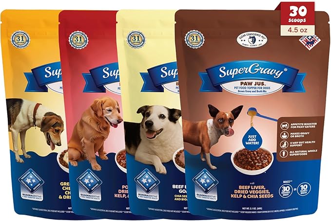 Clear Conscience PET® Four-Pack SuperGravy® Natural Dog Food Gravy Topper, Hydration Broth Mix, Gluten and Grain Free Kibble Seasoning Powder Topper for Picky Eaters 30 Scoop Bags, 120 Scoop