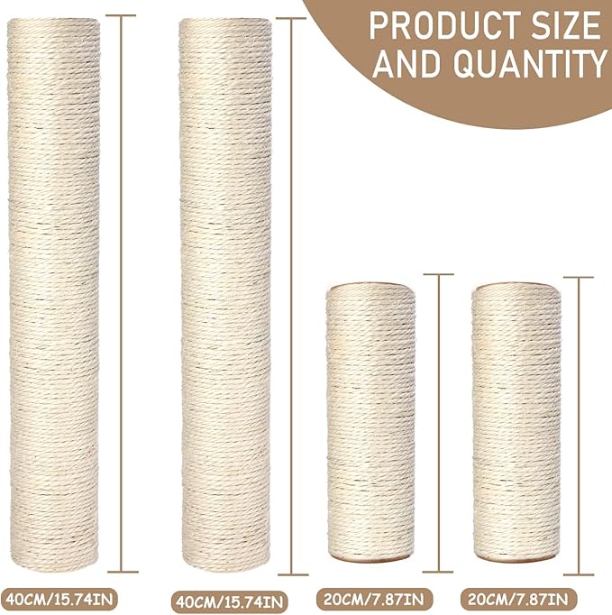 Barelove Cat Scratching Post Replacement, 4 Pieces Cat Scratcher Cat Tree Replacement Parts, 15.4'' x 2.67" Dia + 7.87“ x 2.67" DiaNatural Sisal Rope Cat Scratch Posts Include M8 Screws