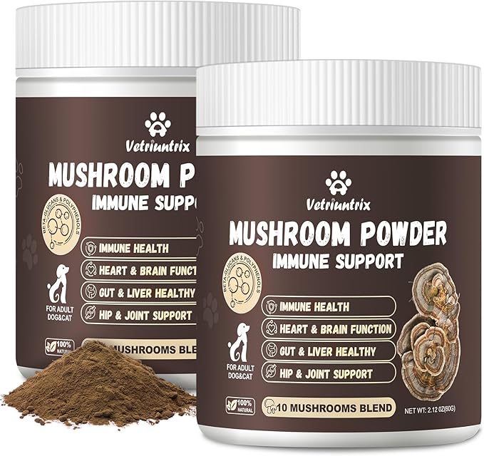 Turkey Tail Mushroom for Dogs, Organic 10 Mushroom Blend for Lumps and Bumps, Dog Herbal Supplements Probiotic with 50% β-Glucan, Joint Gut Immune Skin Support-60 Day Supply