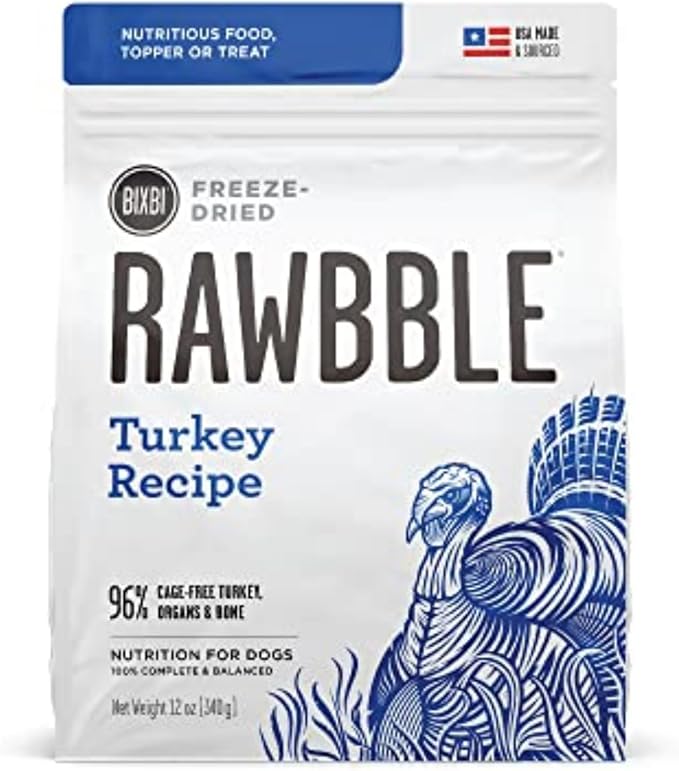 BIXBI Liberty Freeze-Dried Dog Food Topper & Treats, Turkey – 96% Meat & Organs, No Refrigeration – USA Made, 12 oz