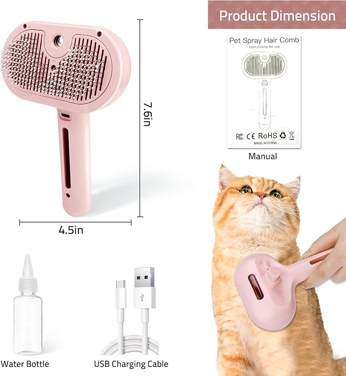 Bunny Ferret Steam Brush Release Button Self Cleaning Spray Comb for Long and Short Hair Cats Rechargeable Steaming Cat Grooming Brush Steamer to Remove Loose Hair (Pink)