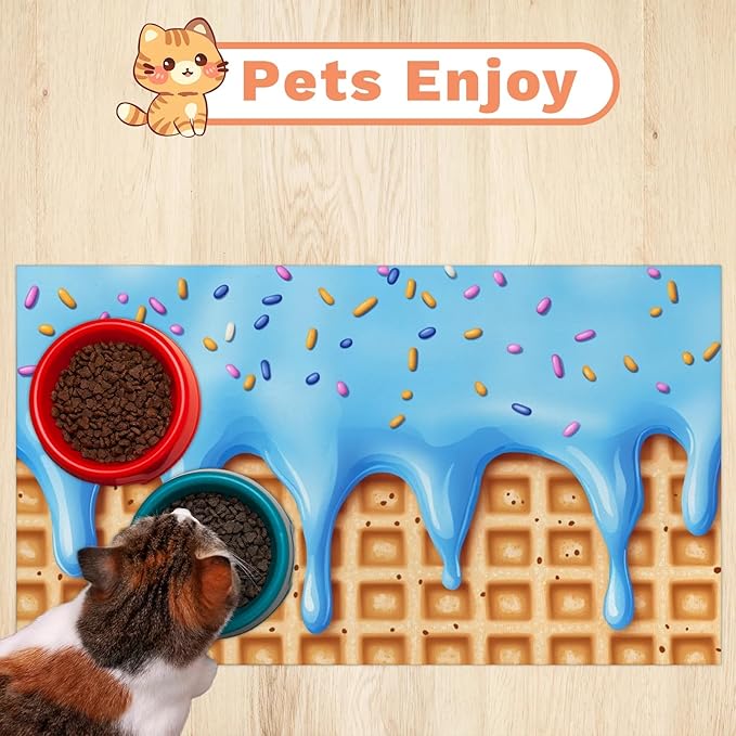 Blue Ice Cream Dog Food Mat for Floors Absorbent Dog Bowl Mat for Food and Water Dispenser Quick Dry Cat Food Placemat Pet Supplies 12" x 20", Waffle