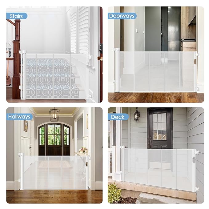 Reinforced Retractable Baby Gates with Support Rods, Retractable Pet Gate for Dog Prevent Bottom Crawling Through, Extends up to 55” Wide, Reinforced Mesh Stairs Gate for Kids Child Safety Gate, White