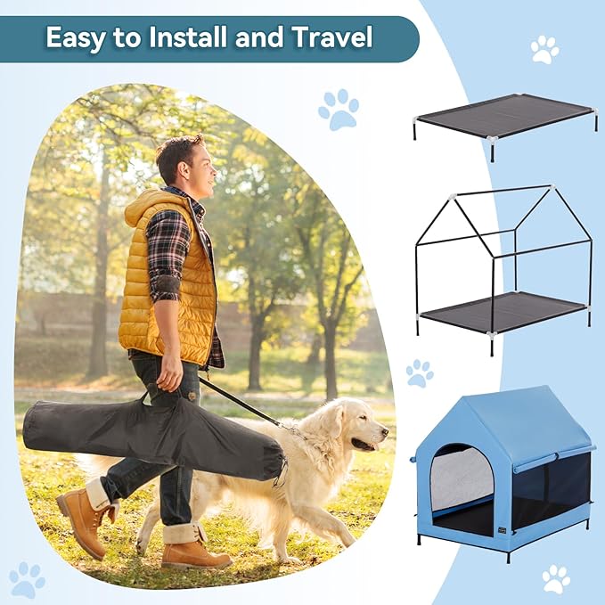 PETSFIT Dog House Outdoor, Upgraded Dog Shelter with Weatherproof PVC Canopy, Breathable Mesh Windows and Sunshades, Elevated Dog Bed with Protable Carring Case (Blue)