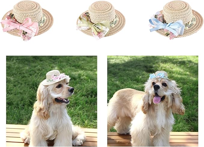 Pet Straw Hat Outdoor Sunbonnet Supplies Flower Lace Puppy with Ribbon Bow Flower Pet