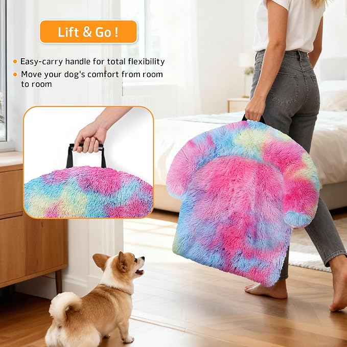 GGIB Calming Dog Bed Fluffy Plush Dog Mat for Furniture Protector with Removable Washable Cover for Large Medium Small Dogs and Cats (Medium, Rainbow)
