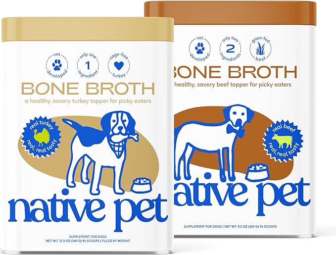 Native Pet Savory Wellness Duo: Turkey & Beef Bone Broth Powder for Dogs - Dog Food Toppers for Picky Eaters - Provides Extra Nutrition for Joint Strength, Immune Support & Heart Health - 96 Scoops