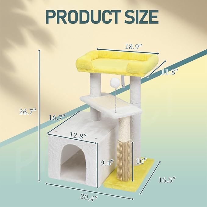27.5in Plush Cat Tree, Multi-Level Cat Tower with Scratching Post and Pad, Cozy Condo & Padded Perch, Dangling Ball for Kittens and Indoor Cats, Compact Cat Furniture for Small Spaces (Yellow & White)