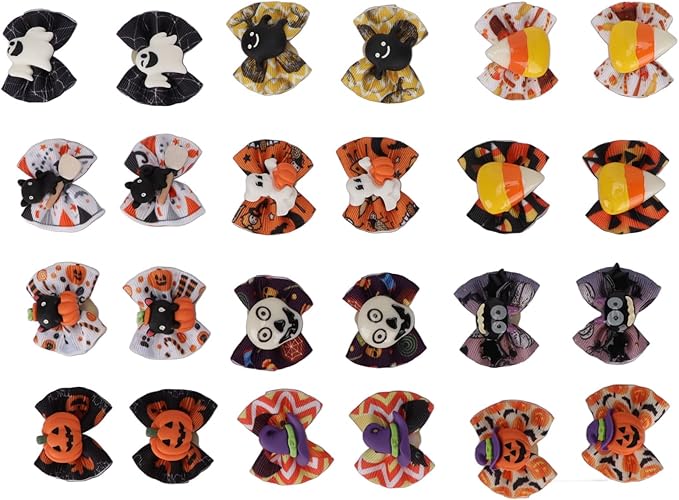 Dog Halloween Stylish Handcrafted Grooming Bows 24Pcs for Pet Cats Dogs, Polyester Material Halloween Patterns Cat Dog Hair Bows for Party Supplies
