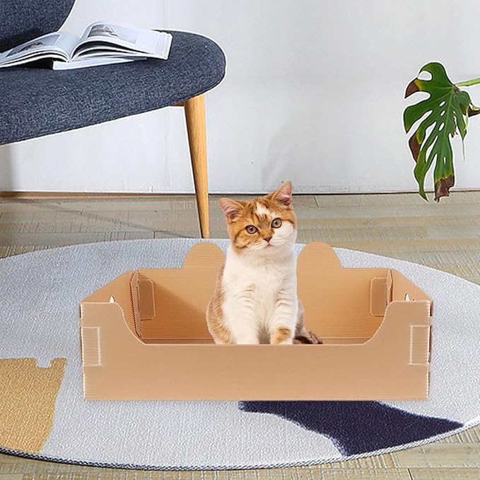 Cat Travel Toilet Large Capacity Open Litter Pan Potty for Indoor Cats Adorable Funny Design- Brown