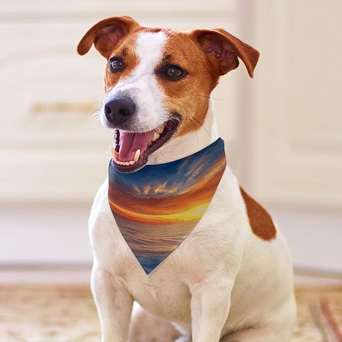Dog Bandana Spring Pet Scarf Adjustable Triangle Sea and Sunset Printing Dog Bib Washable Polyester Puppy Bandana for Small Medium Large Dogs Cat Birthday Party Supplies