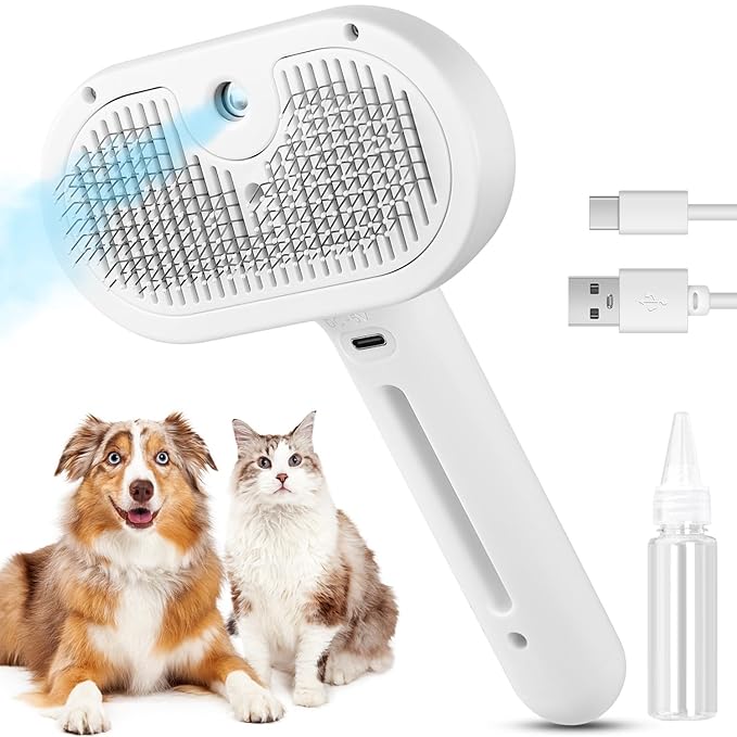 Cat Steam Brush for Shedding, 3 In 1 Steam Cat Brush Self Cleaning, Dog Brush for Long and Short Hair Dogs and Cats, Pet Grooming Comb Remove Tangled Loose Hair, Type-C Fast Charging (White)