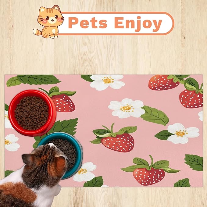 Strawberry Fruit Dog Food Mat for Floors Absorbent Dog Bowl Mat for Food and Water Dispenser Quick Dry Cat Food Placemat Pet Supplies 24" x 32", Spring Floral