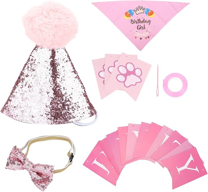 Dog Birthday Scarf Hat Set, Pet Birthday Party Supplies, Adjustable Soft Bandana with Bow Tie and Banner Cards for Puppy Photo Shoots and Celebrations
