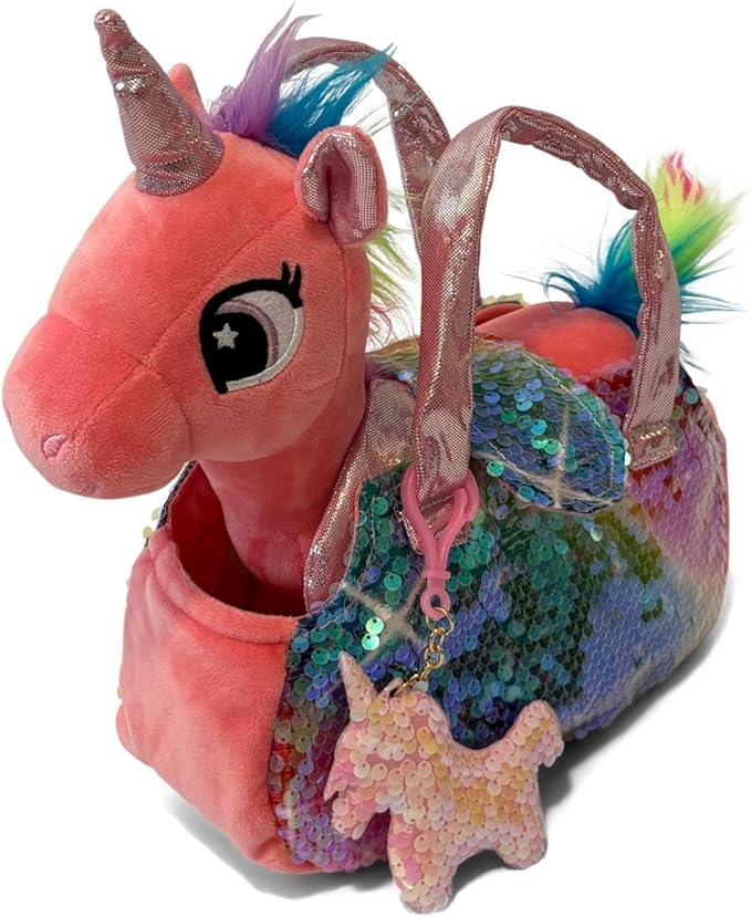 Little Jupiter Plush Pet Set w/Purse - Unicorn Stuffed Animals for Girls - Plush Toy Gift for Girls Ages 3-7 yrs (Coral Pink Unicorn)