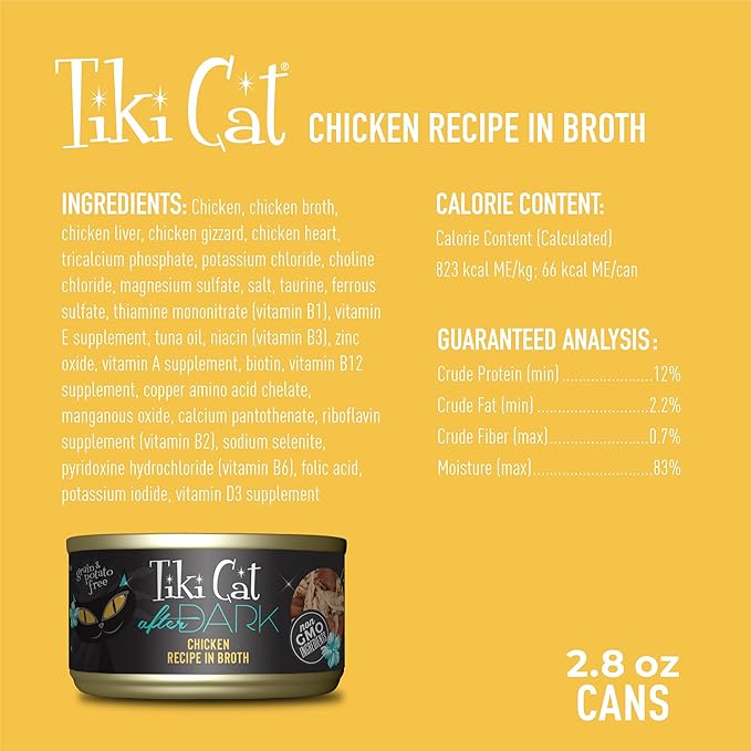 Tiki Cat After Dark,Chicken,High-Protein and 100% Non-GMO Ingredients,Wet Cat Food for Adult Cats,2.8 oz. Can,(Pack of 24)