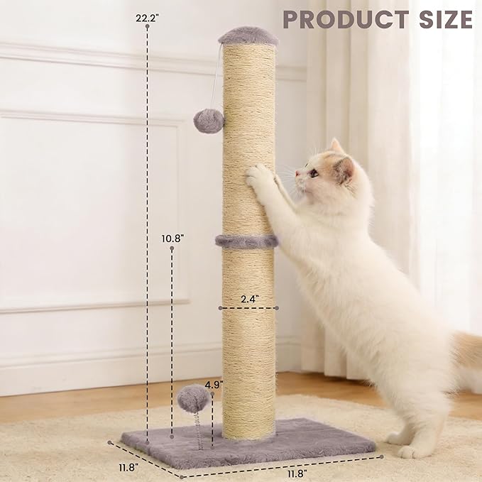 22" Small Cat Scratching Post, 3-in-1 Durable Sisal Vertical Cat Scratcher Post with Hanging Ball, Sturdy Cat Scratch Pole with Soft Fabric Base for Kittens or Smaller Cats, Light Gray