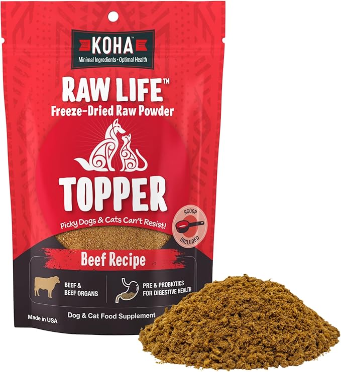 KOHA Raw Life Freeze-Dried Raw Topper Beef for Dogs and Cats, High Protein Meal Topper for Picky Eaters with Probiotics, 8oz Bag