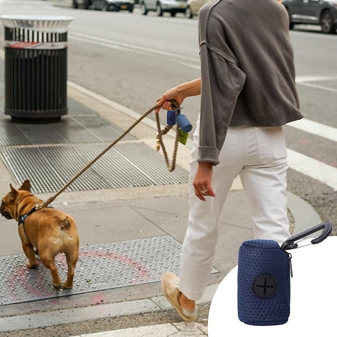 Poop Bag Dispenser, Mesh Fabric Attachment Dog Bag Dispenser with Zipper, Large Capacity Dog, Portable Poop Bags Holder for Doggie, Walking, Outdoor