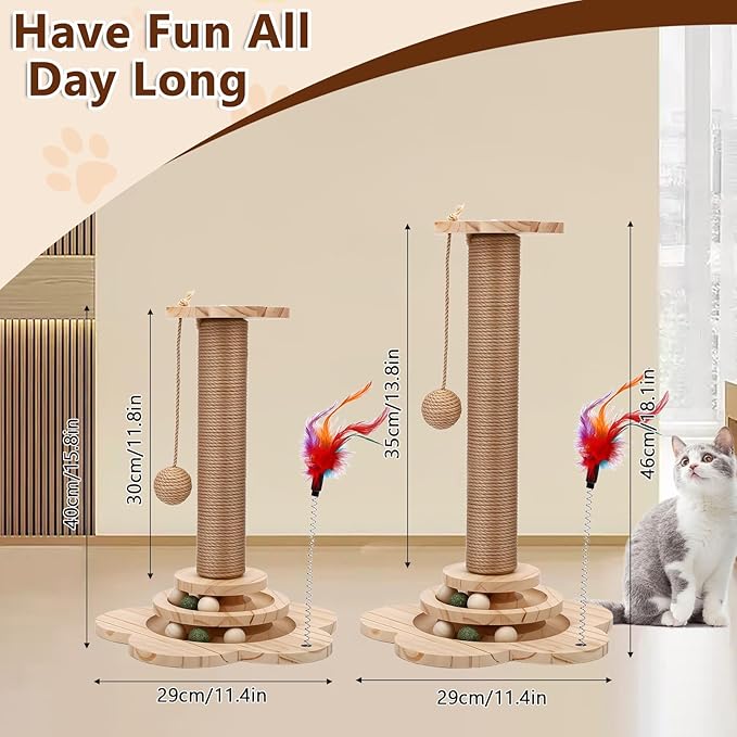 Cat Scratching Post, Cat Tower Scratch Post, Cat Tower with Scratching Post, Wooden Cats Tree with Solid Wood Waterproofing Base Cat Toy and Interactive Ball for Adult Cats & Kittens (Small)