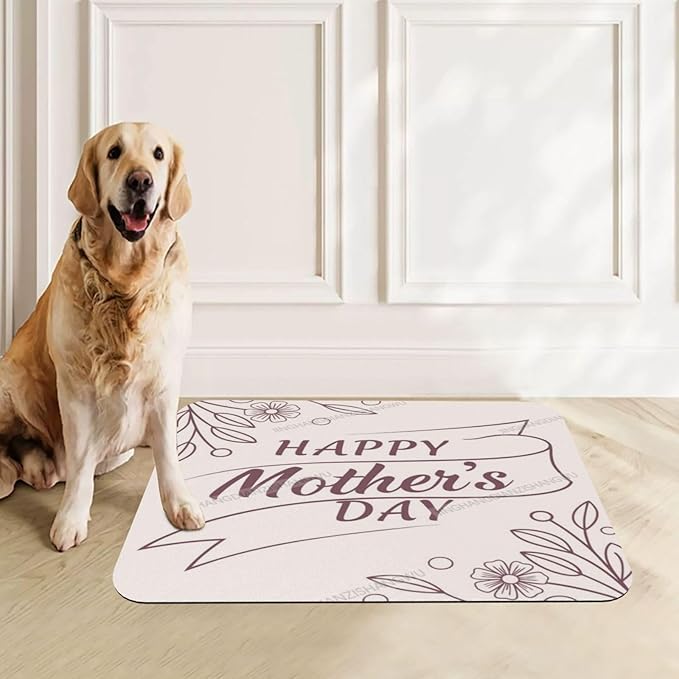 Dog Food Mat Happy Mother's Day Floral Classic Gift for Mom Fw Absorbent Water Bowl Mats Cat Pet Feeding Placemats 24x16In