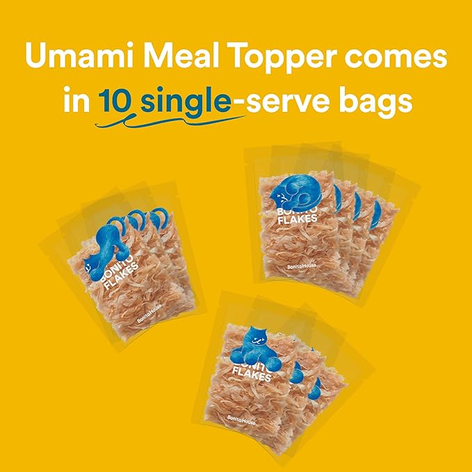 Meal Topper Bonito Flakes for Cats & Dogs – 100% Wild-Caught, High-Protein, All-Natural Topper – No Additive, Grain-Free – Extra Rich Blend – 10 Bags Total, 0.7oz