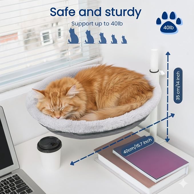 All Season Cat Perch with Catnip Pillow, Cat Desk Bed with 360° Rotation & Height Adjustment, 40LBS Capacity – Summer & Winter Washable & Removable Nests